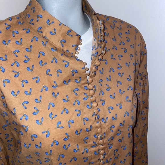 JUST Female long sleeve button down tunic organic cotton tan blue floral small - Picture 1 of 9